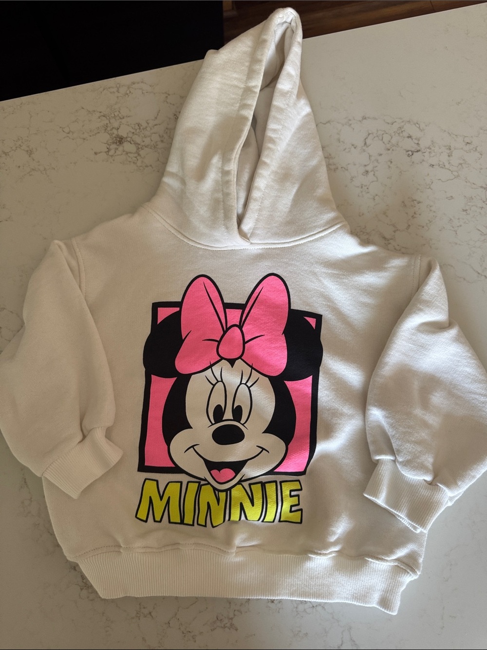 Zara Cream Hoodie with Pink Minnie Graphic and Yellow Logo